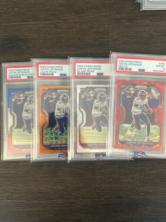2020 Panini Prizm Justin Jefferson Rookie Card PSA Set – Silver, Orange Laser, Red Ice & Blue Prizm (All PSA Graded)