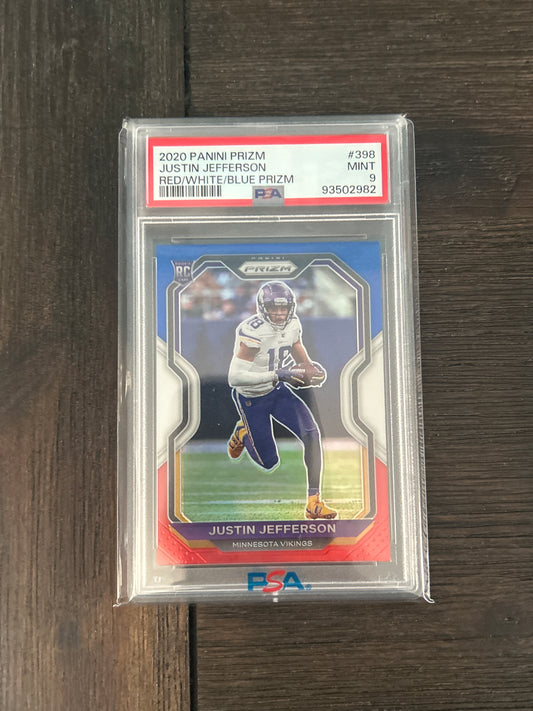 2020 Panini Prizm Justin Jefferson Rookie Card PSA Set – Silver, Orange Laser, Red Ice & Blue Prizm (All PSA Graded)