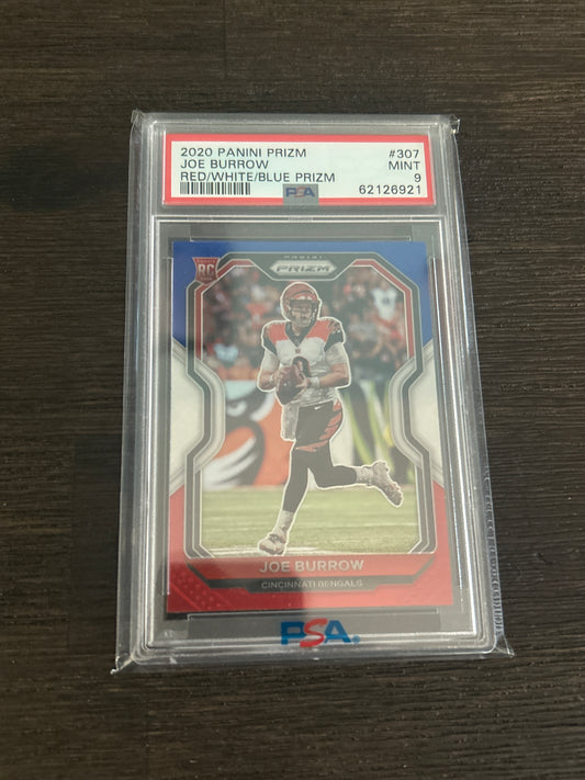 2020 Panini Prizm Joe Burrow Red White & Blue Prizm Rookie – PSA 9 Mint